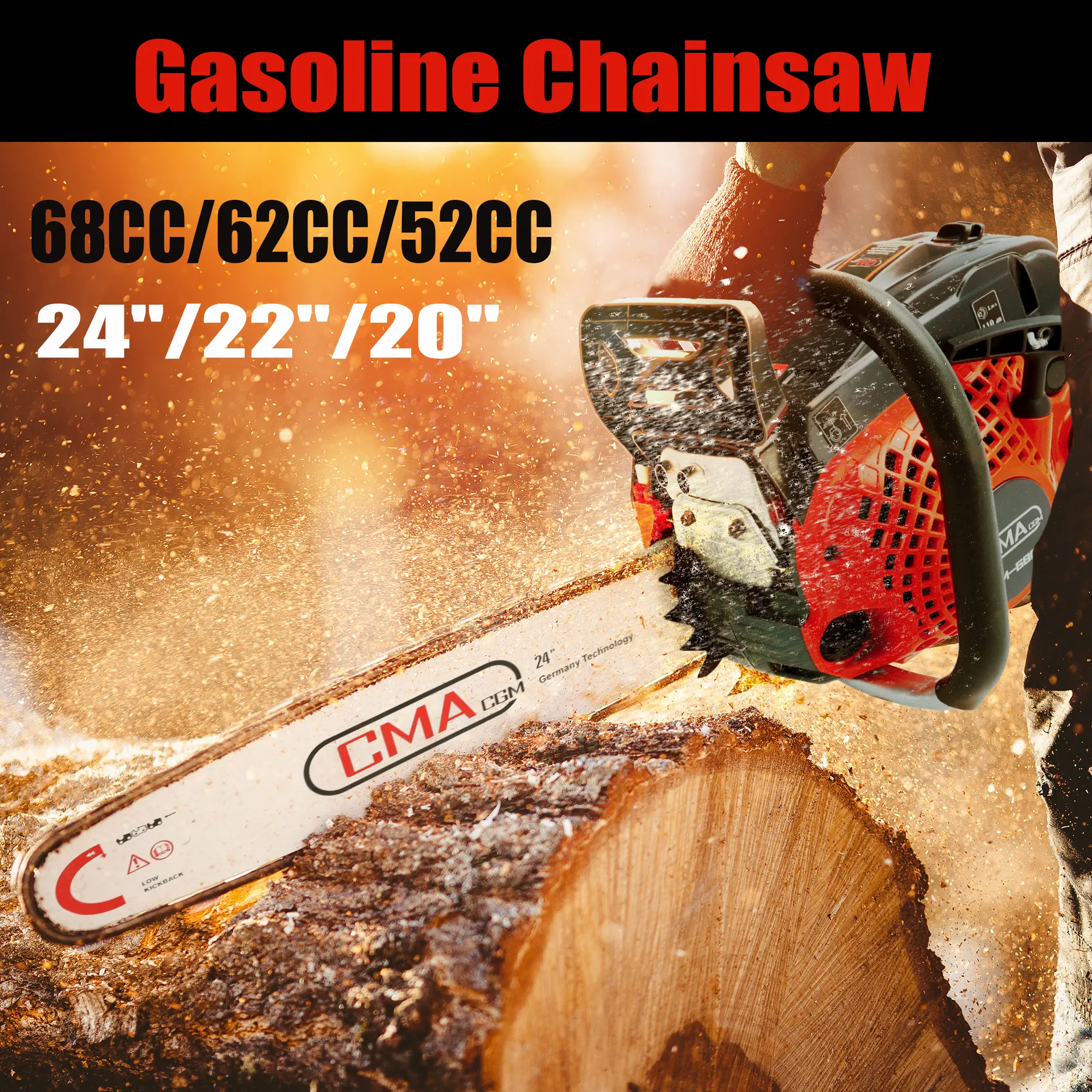 Gas Powered Chainsaw, 24"/22"/20" Bar Sizes, 68CC/62CC/52CC Engine Displacement, Wood-Cutting Gas Saw with Crankcase