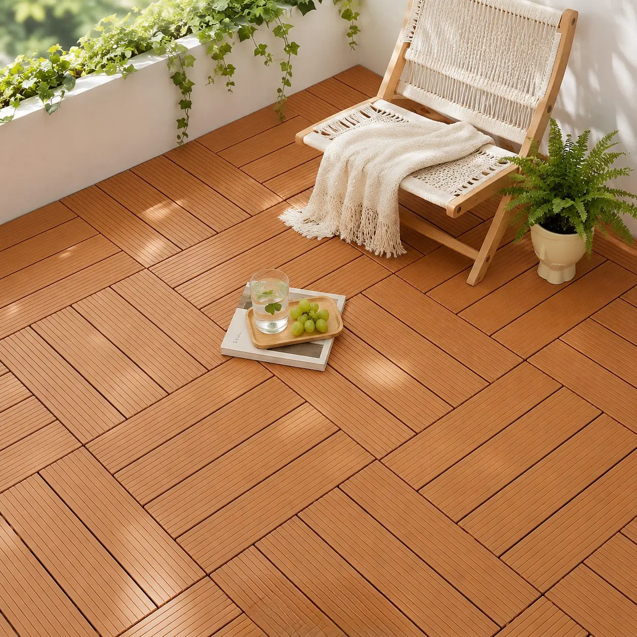 Interlocking Wood Grain Faux Plastic Deck Tiles - Weatherproof, Waterproof, Anti-Slip, Easy-to-Clean Outdoor Flooring for Patio, Balcony, Beach