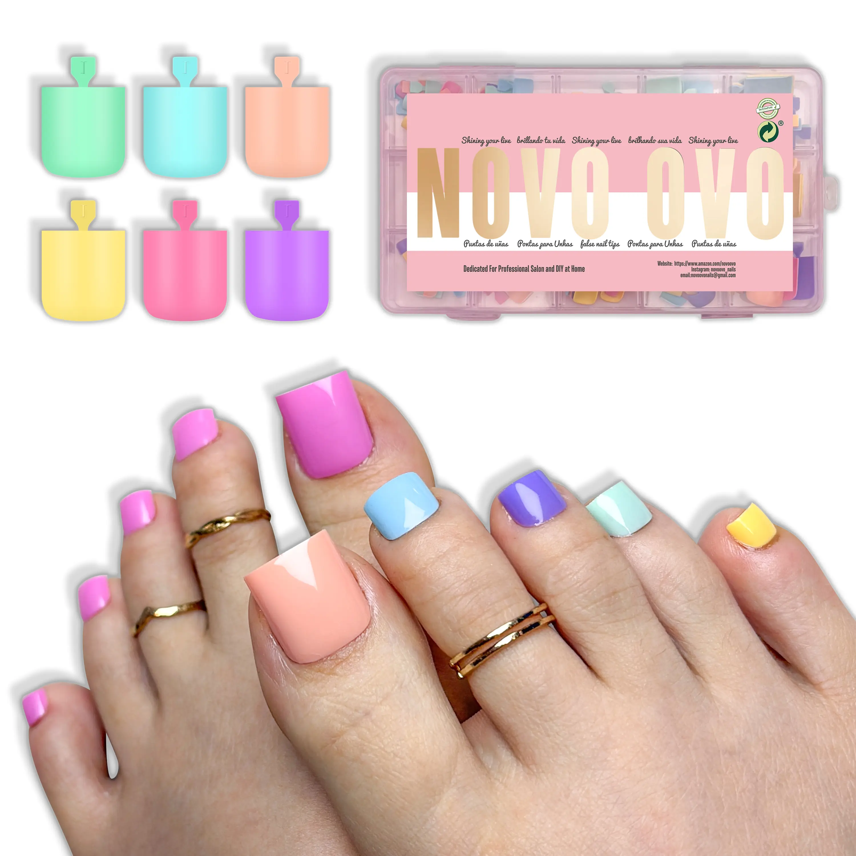 NOVO OVO Press on Pedicure Kit for Lazy Nail Method, 180 Pcs Full Cover Soft Gel Tips for Gel Nails at Home, Sharp Square Design in 6 Pastel Shades & 15 Sizes, Nail Extension Set, Girlfriend