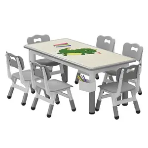 Kids Table with 6 Chairs, Height Adjustable Kids Table Set for Toddlers Ages 2-10 Years Old, Graffiti Tabletop, Non-Slip Legs, for Nursery Classroom