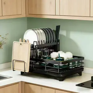 Premium Rustproof Dish Drying Rack - 2 Tier Large Capacity Kitchen Counter Storage, Mold-Resistant Design with 360° Rotating Drainboard, Removable & Easy-to-Wash Utensil Holder, Aesthetic Modern Kitchen Essentials