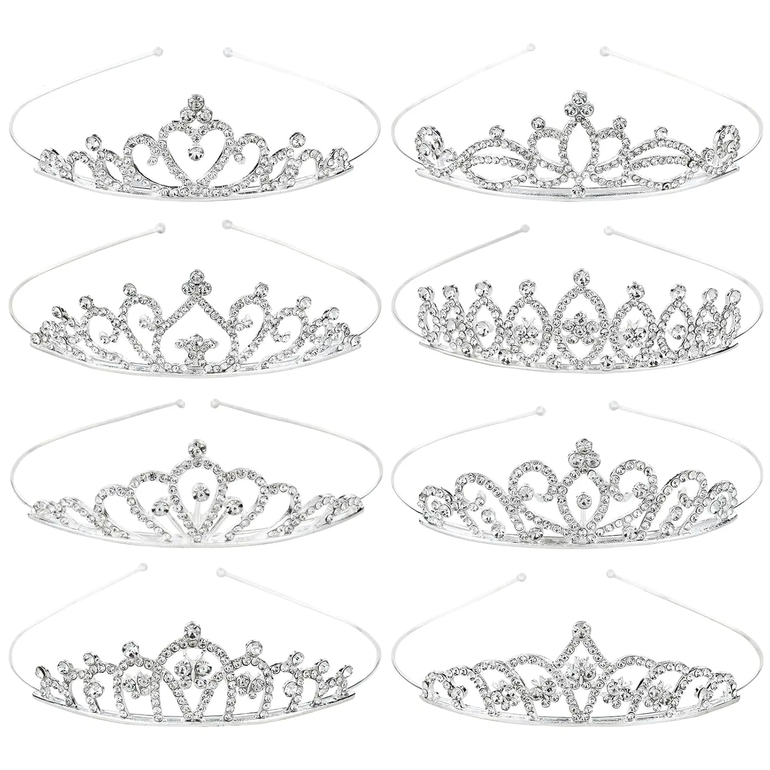 Unisex 8-Pack Silver Metal Sparkly Glitter Rhinestone Crown Headbands - Metal+Stones, Rhinestone Gems, Adjustable Stretch Comfortable Fit with Clasps, Minimal Ornamentation, Kids & Adult Bridal Headwear for Ceremony