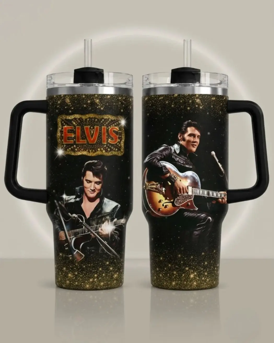 Elvis Presley 40oz 30oz 20oz Tumbler , Insulated Stainless Steel Travel Cup, Black Gold Glitter Concert Collage Design, Rock and Roll Music Fan Gift**