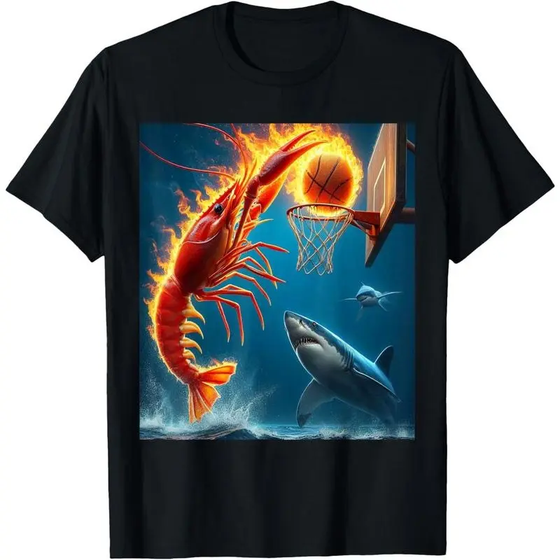 [Cotton graphic tees]men gifts Casual shortsleeve tops Shrimp Dunking on Shark Funny T-Shirt Vintage Crewneck