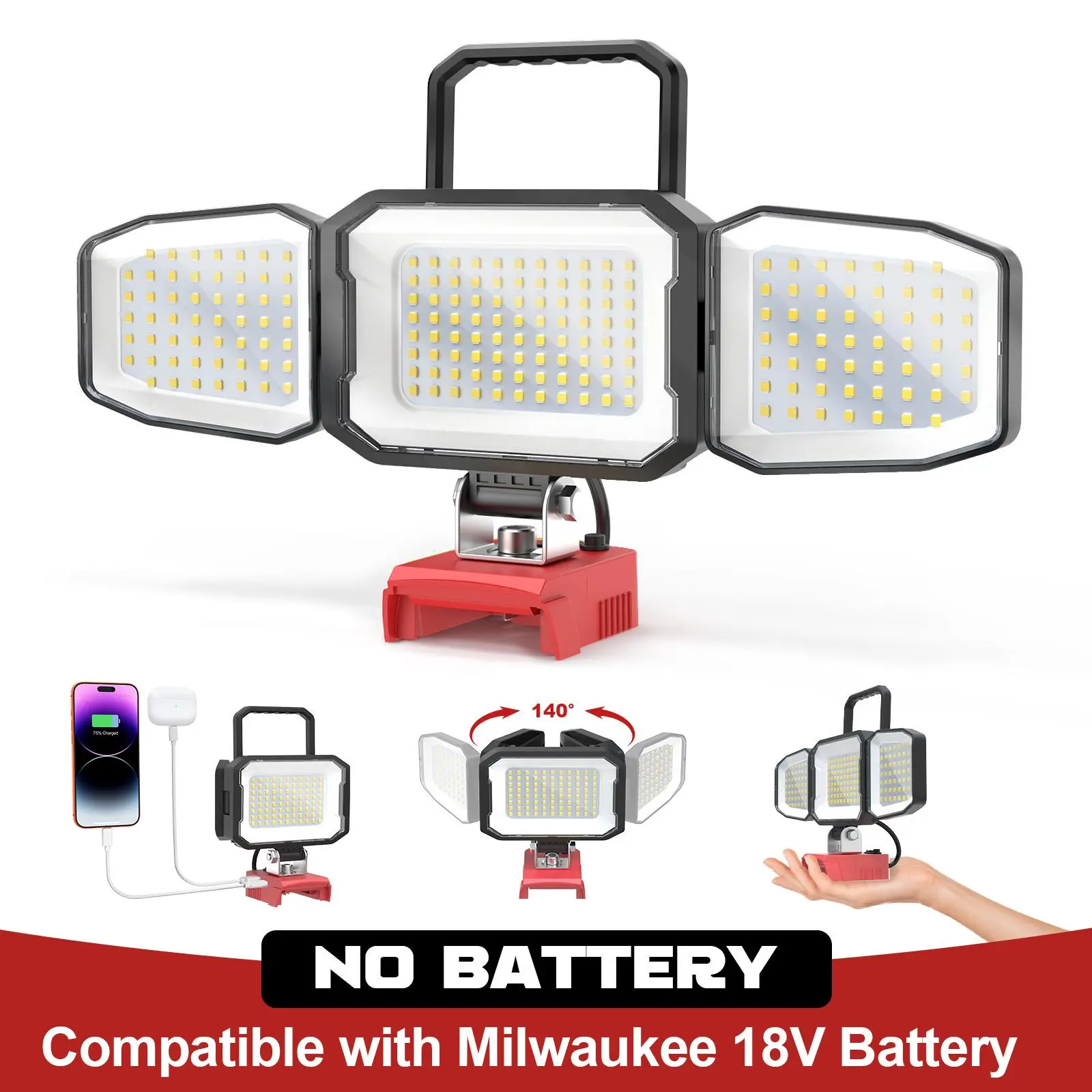 Ecarke 3-Head Cordless LED Work Light Compatible with Milwauke 18V Battery, Battery NOT Included, 70W 7000Lumen  Dimmable Spotlight with 2 Modes, USB & Type-C Charging Port , Portable Lighting for Garage, Workshop, Yard & Outdoor Use