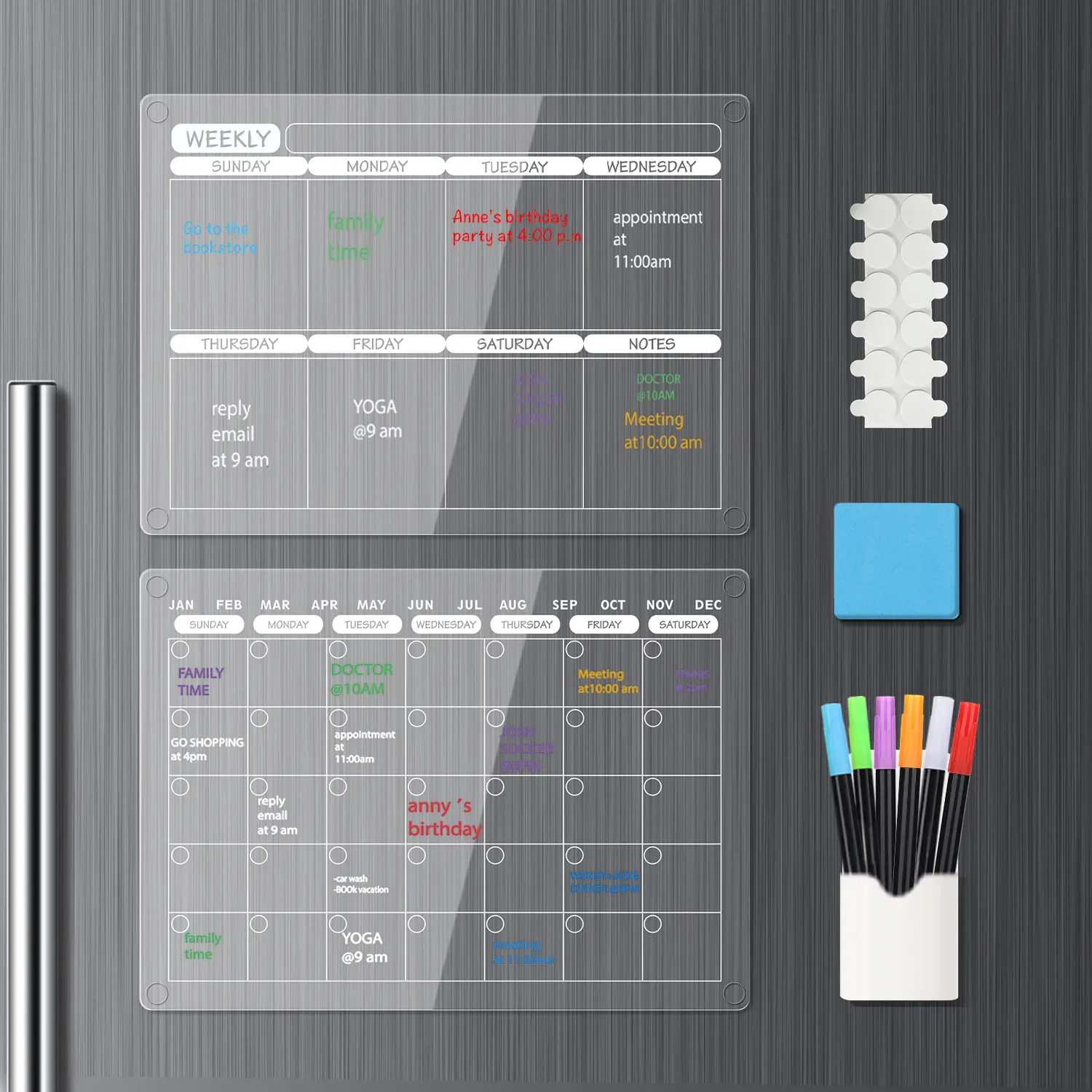 QIUCHAN 16"x12" Clear Acrylic Magnetic Dry Erase Board with Monthly & Weekly Planner, 6 Markers & Large Eraser for Refrigerator Organization Organizer Time Management Planning Scheduling