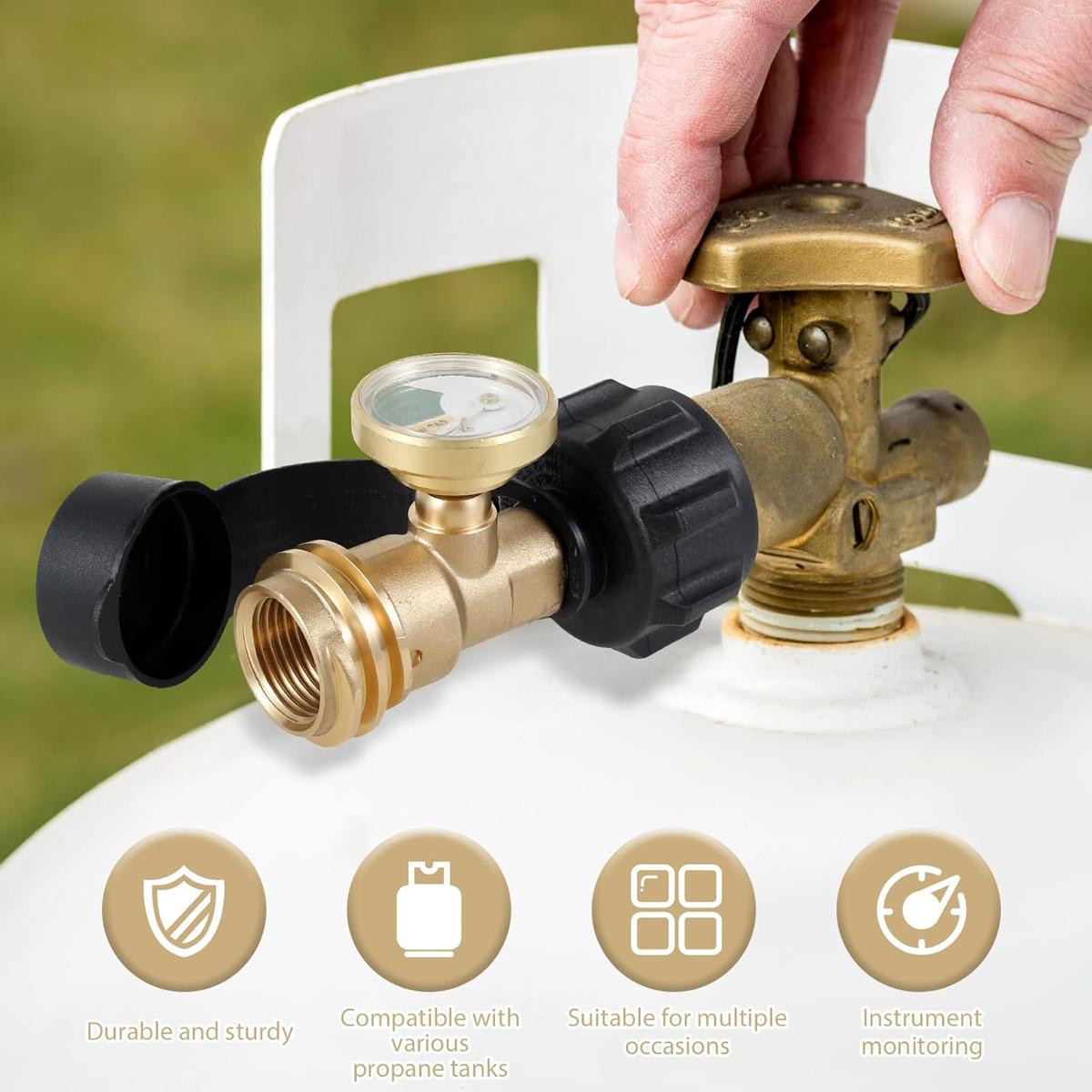 VAYWET 2Pcs / 1pc Propane Gas Adapter Connector, 5-40lb Tanks Universal Level Indicator High Pressure Camping Grill Pressure Gauge Propane Gas Tank Adapter On-off Control Valve Outdoor Kitchenware RV Camper Cylinder BBQ Gas Grill Heater QCC1