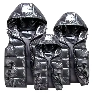 Winter New Hooded Man Woman Child Vest Jacket Glossy Cotton Vest Casual Waistcoat Men's Sleeveless Jacket Warm Overcoats