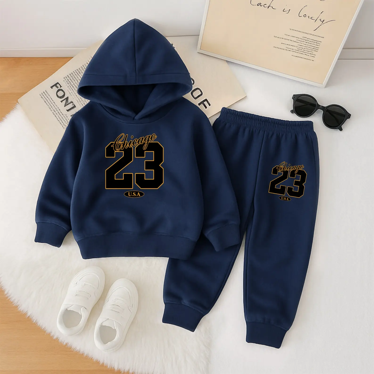 Kids' Unisex 2-Piece Thick Fleece-Lined Fitted Cut Soft Tracksuit Set, Number Print Hoodie & Pants, Warm Gym Outfit for Boys Clothing, Long Sleeve Indoor/Outdoor Wear