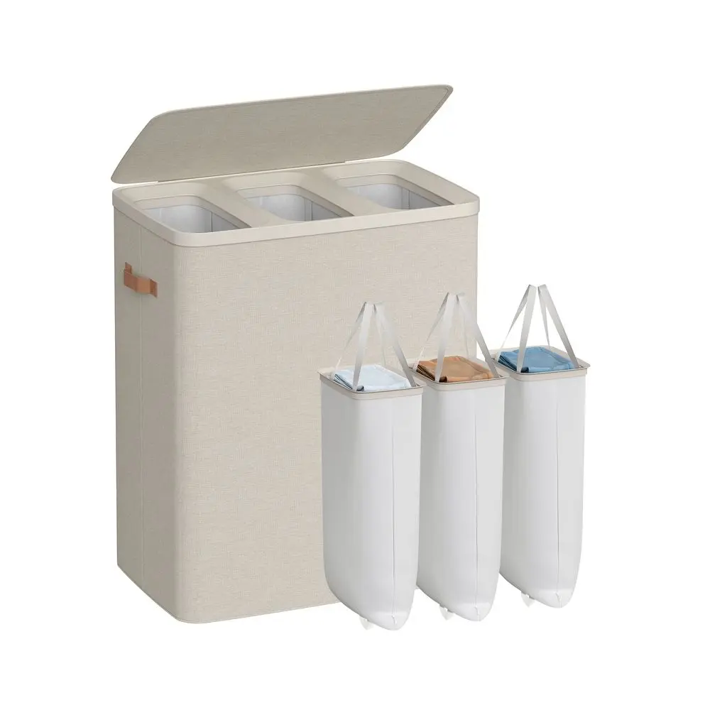 SONGMICS Polyester Modern 2-Section Laundry Basket with Lid, Handles, Removable Inner Bags - Dustproof, Water-Resistant, Easy to Install Laundry Organizer for Home Use, Two Sections