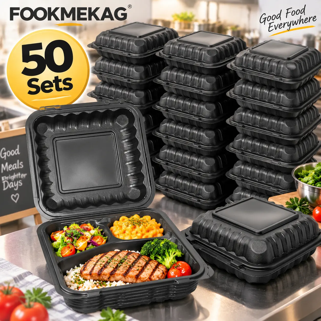 50-Pack Reusable 3-Compartment Microwave Safe Plastic Food Storage Lunch Boxes with Leakproof Flip-Top Lids, Portable Stackable Heat-Resistant Meal Prep Containers, Dishwasher Safe, Ideal for Picnic Lunch, Camping, Perfect for Halloween gatherings