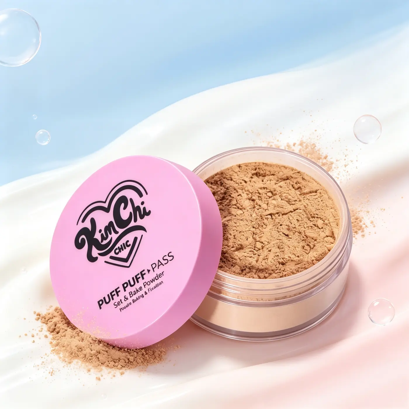 KimChi Chic Puff Puff Pass Set & Bake Loose Powder, Oil-Control Formula Infused with Rice Powder & Vitamin E, Lightweight Translucent Cosmetic for Long-Wear Flawless Blurring Makeup Finish