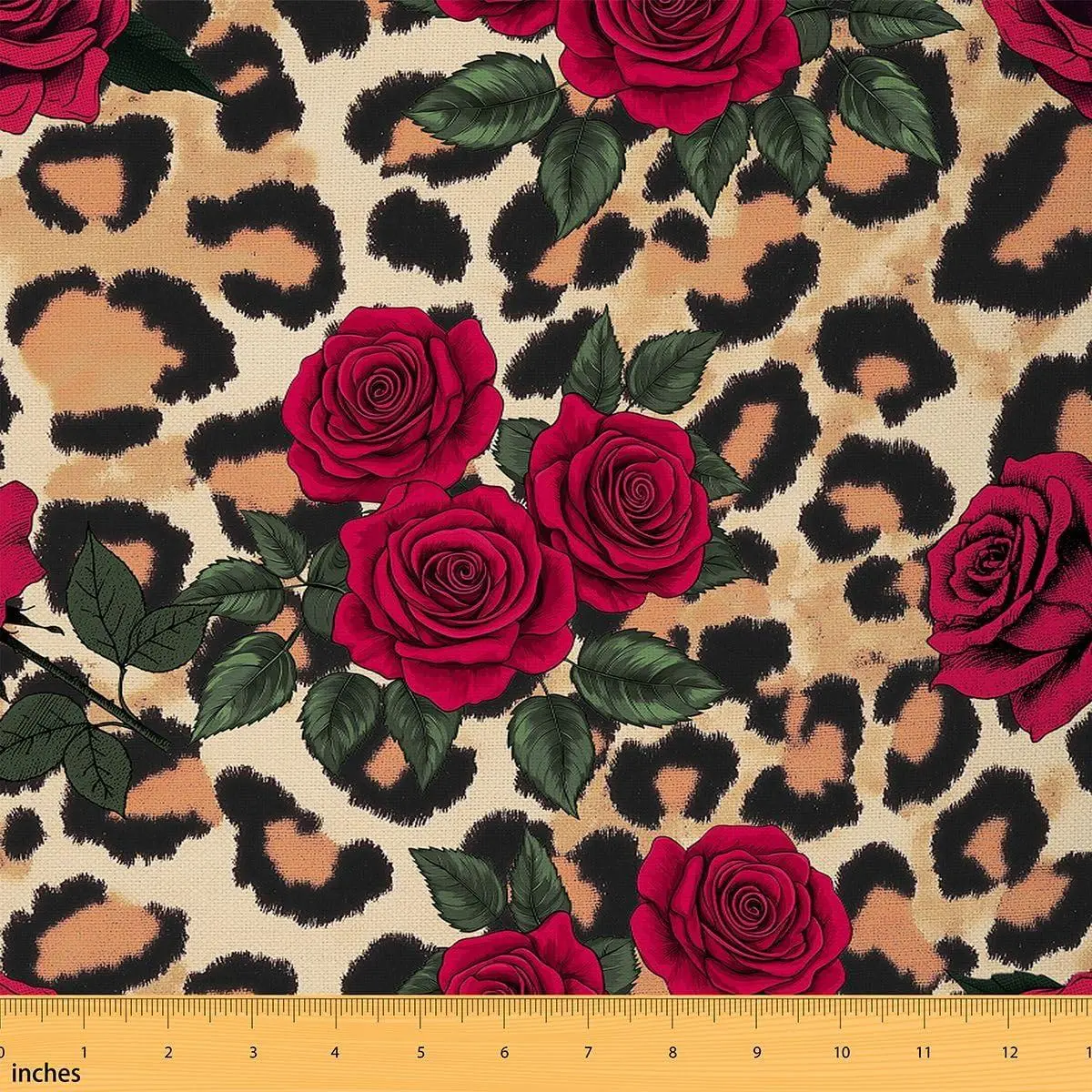 Feelyou Polyester Waterproof Rose Floral & Bold Leopard Cheetah Animal Skin Fabric by the Yard - 3D Red Petal Upholstery Quilting Fabric for Home Decor, Indoor/Outdoor Use, Brown
