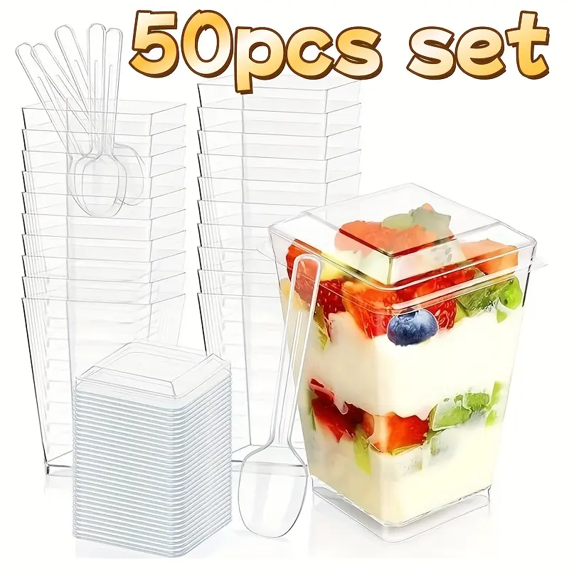 25/50/100 Pack 5oz Clear Dessert Cups with Lids & Spoons – Mini Parfait Cups for Mousse, Cheesecake, Party & Wedding Plastic Jelly Cups Sturdy Plastic Tableware