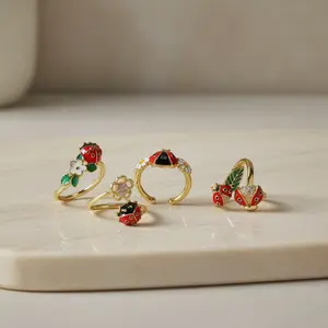 Gold Bug Ring, Ladybug Jewelry, Cute Floral Ring, Adjustable Band, Whimsical Nature Accessories