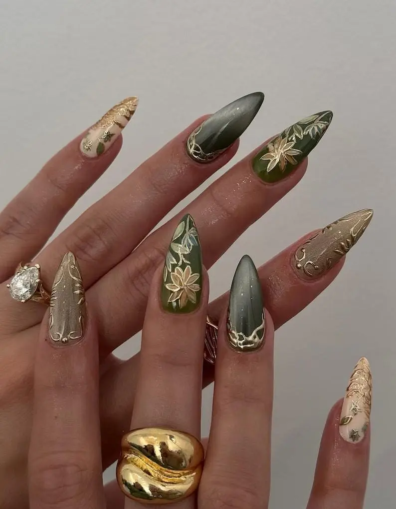 Olive Garden Almond Press On Nails | Olive Green & Gold Nail Art | Handpainted Floral Nature Nails | Elegant Matte 3D Nails | DB501H