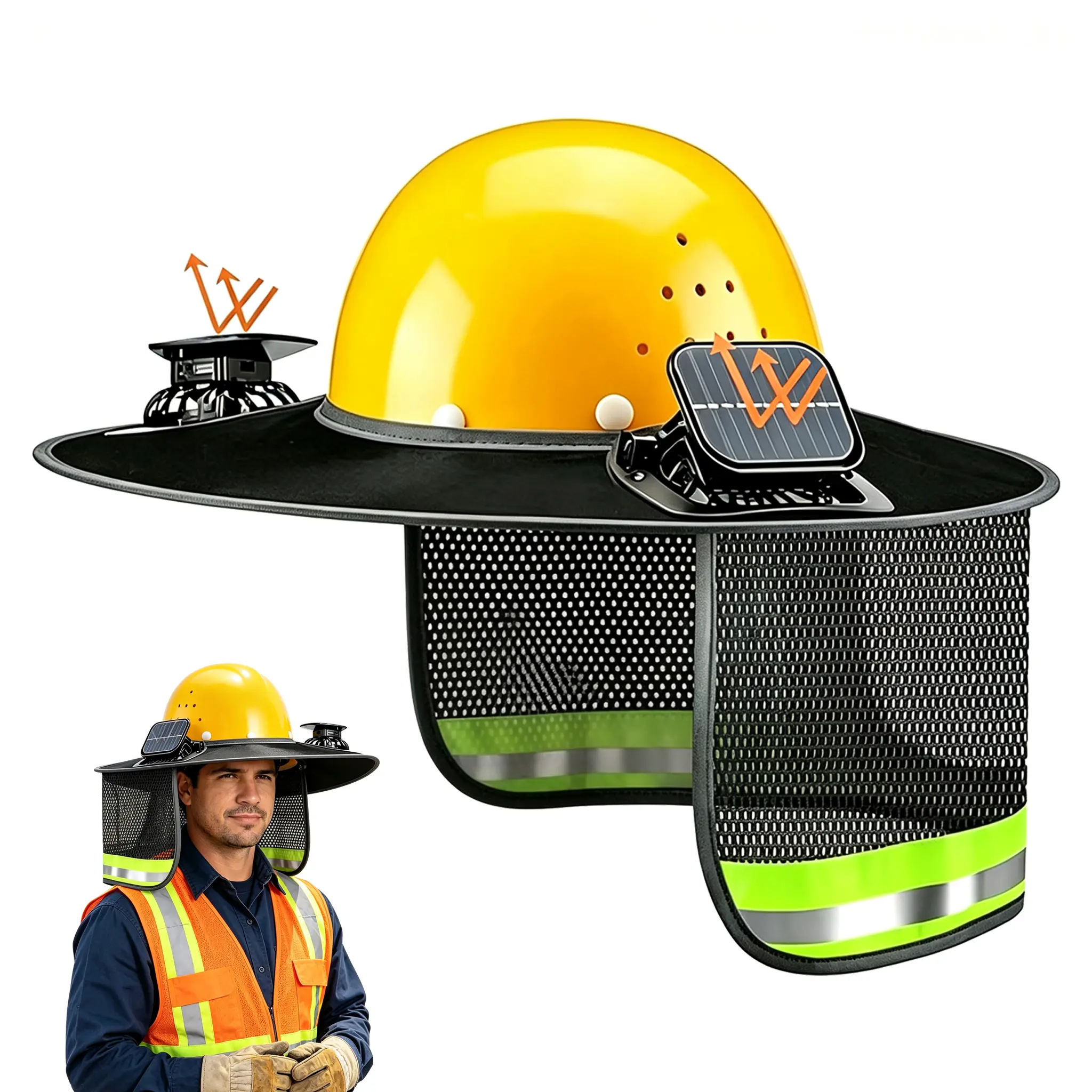 2 Pcs Sun Hard Hat Neck Shield Shade Full Brim Hard Hat with Solar Fan Hardhat Sun Shield Visor with High Visibility for Construction Helmet Hardhat Accessories, Reflective