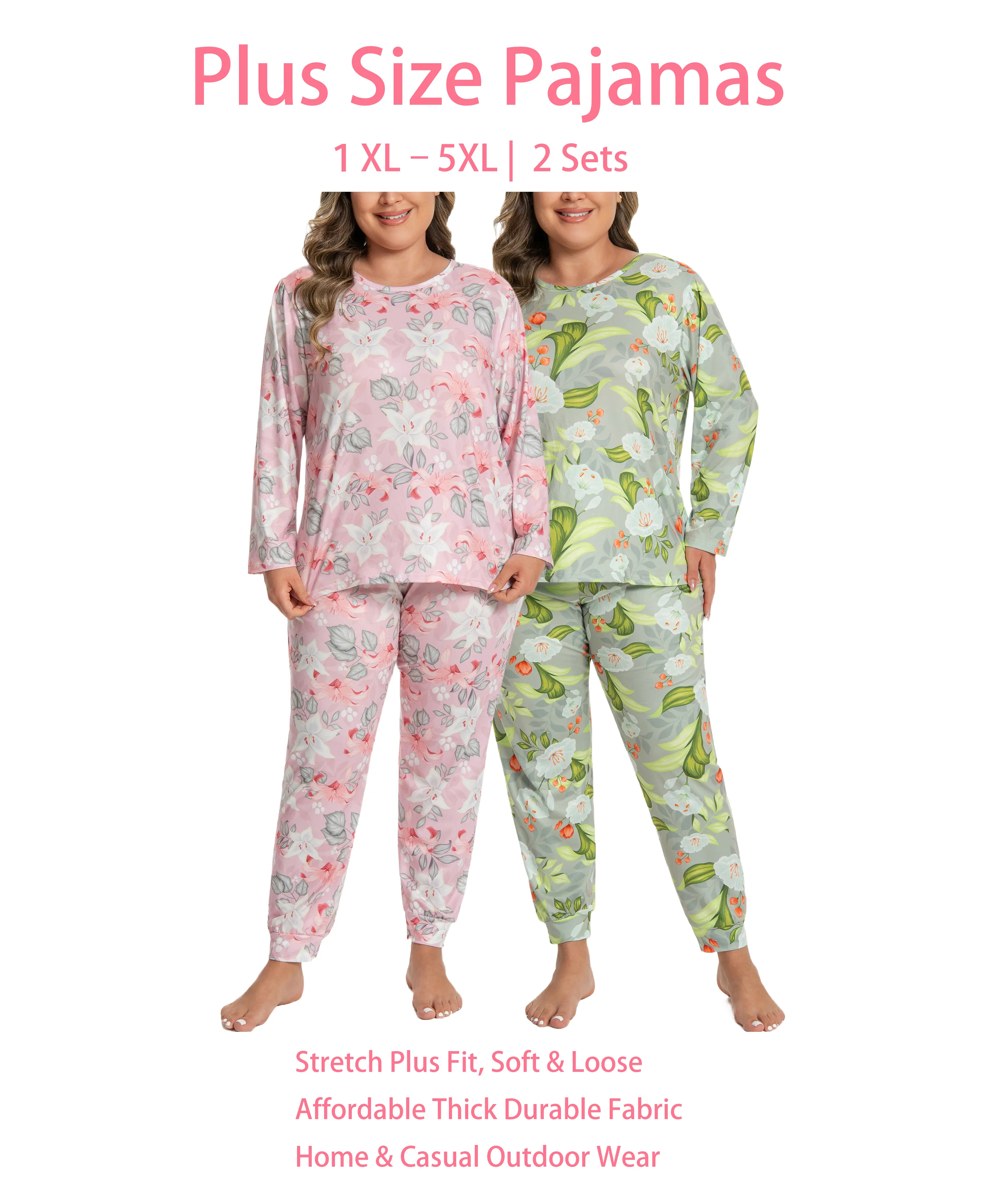 2-Pack Plus Size Floral Cute Pajamas for Women | Long Sleeve Top & Pants Comfy Sets, Soft Polyester Nightwear, Pyjamas, Home Outfits, Longsleeves, Loungewear