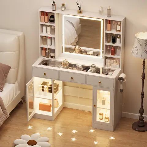 Modern Glam LED Makeup Vanity Desk with Lighted Mirror, Glass Top, RGB Cabinet, 3 Drawers, 8 Shelves, Sturdy Structure, Adjustable Features, Storage Options, Charging Station, Hair Dryer Rack, Long-Press Dimming for Girls’ Bedroom