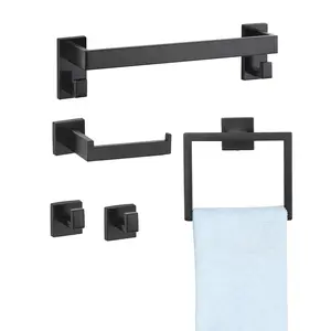 Matte Black Bathroom Hardware Set, 5-Piece Stainless Steel Bathroom Accessories Kit, Includes 16-Inch Towel Bar, Towel Rack, 2 Robe Towel Hooks, Toilet Paper Holder, Wall Mounted Design For Bathroom, Modern Home Organization