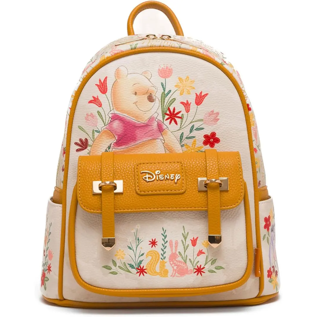 Kids Winnie the Pooh & Friends Unisex Faux Leather 11" Mini Backpack, Floral Print Collectible with Flowers, Adjustable Straps, Exclusive Wondapop Dust Bag, 11"H x 8.5"W x 4"D, Everyday Carry