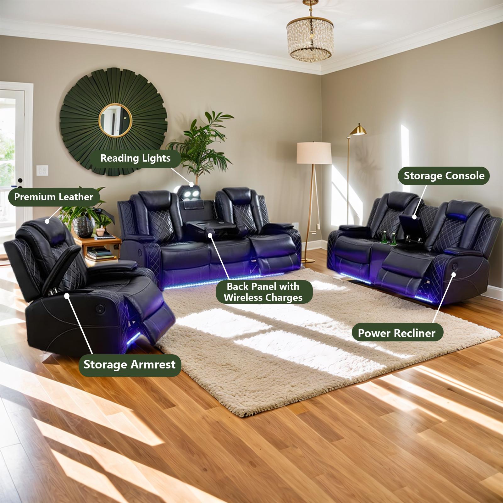 Luxury electric sofa combination with LED lights, lounge chair with pull-down table/sofa with storage desk/single chair for living room furniture ﻿