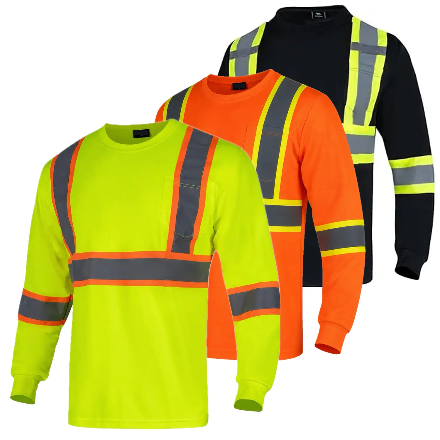 3 PACK SHIRT High Visibility Long Sleeve Construction Shirts SAFETY YELLOW , SAFETY ORANGE AND BLACK  Reflective Safety Workwear