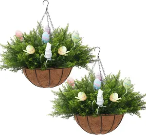2 Pack 22 Inch Artificial Easter Hanging Basket - 24 Cedar Branches, 12 Decorative Eggs & 2 Bunny Figures - Spring Easter Porch Decor for Patio, Home, Indoor Outdoor Hanging Planter Ornaments
