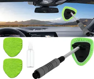 Windshield Window Cleaner Tool, Windshield Cleaner Car Windshield Cleaning Tool with Reusable Microfiber Pads Glass Wiper Kit with Extendable Handle Car Window Cleaner for Car Cleaning (1, Green)