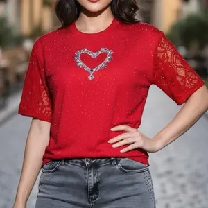 Alondra Blouse Women Red Heart Embellished Lace Detail Short Sleeve Top
