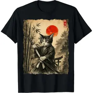 Samurai Cat Japanese Art Men Boys Funny Graphic Tee Anime T-Shirt