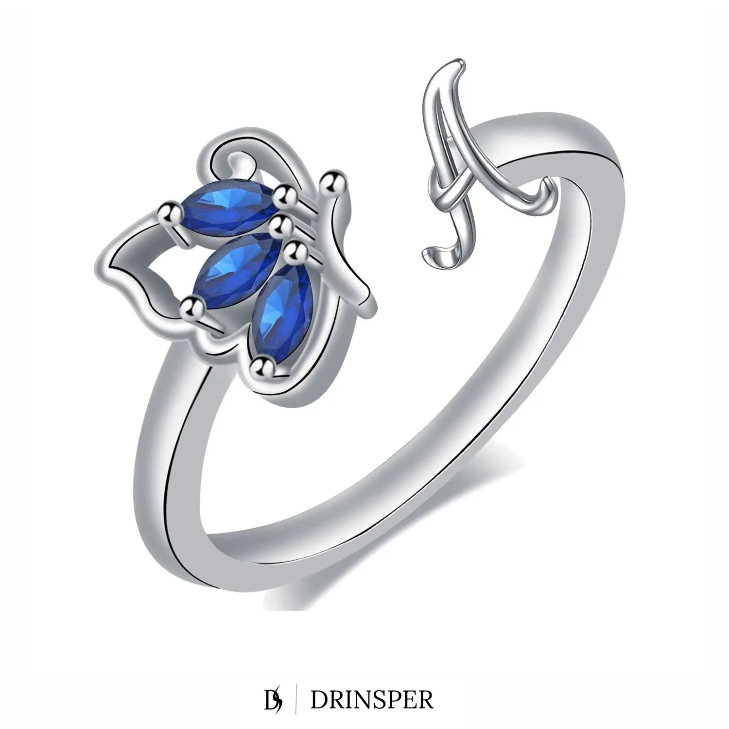 DRINSPER Women's Adjustable Initial Open Ring - Silver-Plated Copper Alphabet Letter A Butterfly Ring with Blue Marquise-Cut Synthetic Zircon, Faith-Inspired Daily Wear Jewelry Gift for Birthday Anniversary
