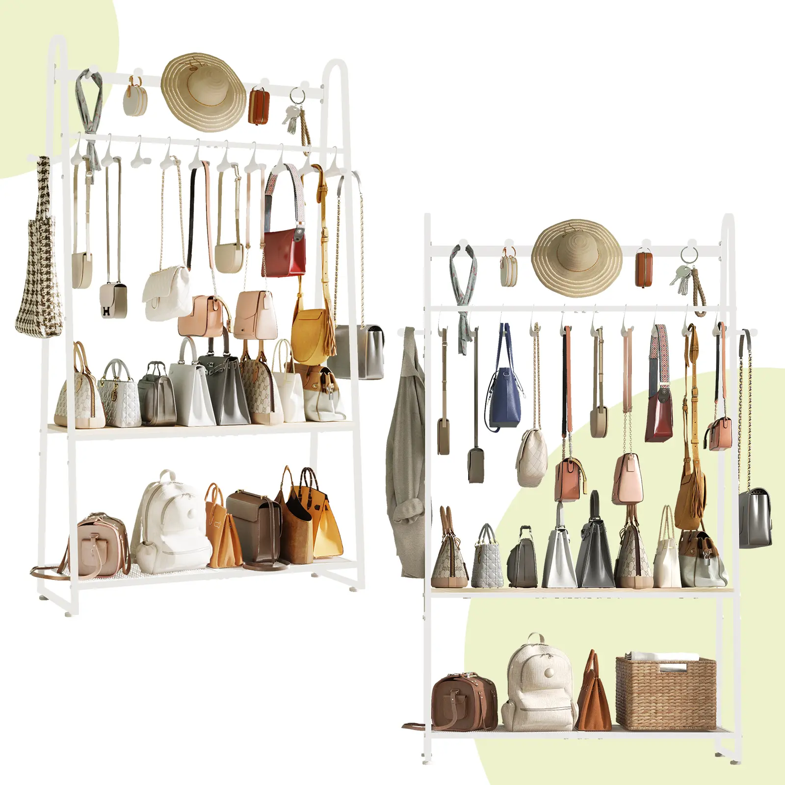 KAFAHOM Purse Rack, Purse Organizer for Closet - Tall Purse Shelf with 8 Hooks & 10 Removable Hangers to Hold Handbags, Backpacks, Pocketbooks., Perfect Purse Display Stand & Storage Tree,White