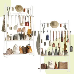 KAFAHOM Purse Rack, Purse Organizer for Closet - Tall Purse Shelf with 8 Hooks & 10 Removable Hangers to Hold Handbags, Backpacks, Pocketbooks., Perfect Purse Display Stand & Storage Tree,White