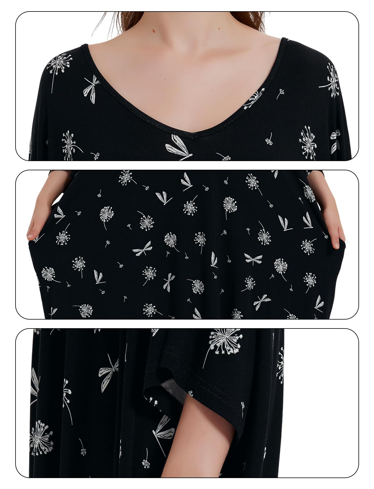 KFUBUO Plus Size Nightgown for Women V-Neck Sleep  Dress Pjs Lounge Short Sleeves Sleepwear With Pocket Fit S-5XL Pajamas Elastic Loungewear Breathable Fabric SpringStatements