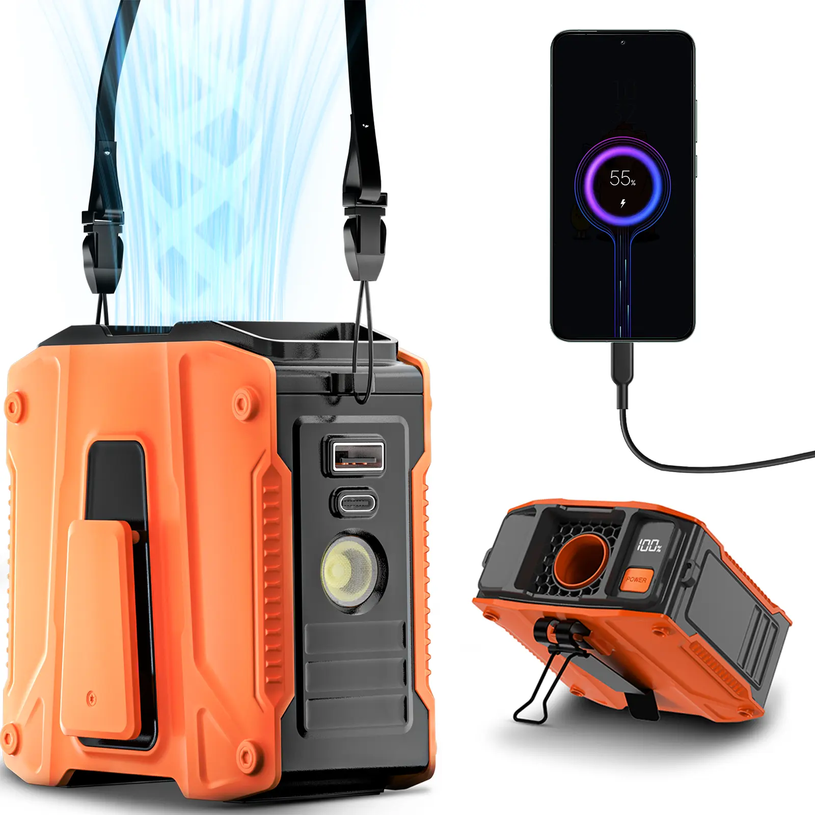 FrSara Multifunctional Cooling Fan - 14500mAh Rechargeable Belt Clip Fan, Mini Portable, PowerBank Function, Adjustable Airflow, 5-Speed, 16H Runtime, Clamp-On Design, Lanyard, Light, Outdoor Work Gift for Blue Collar, Father's Day Present, Clip Fan Recha