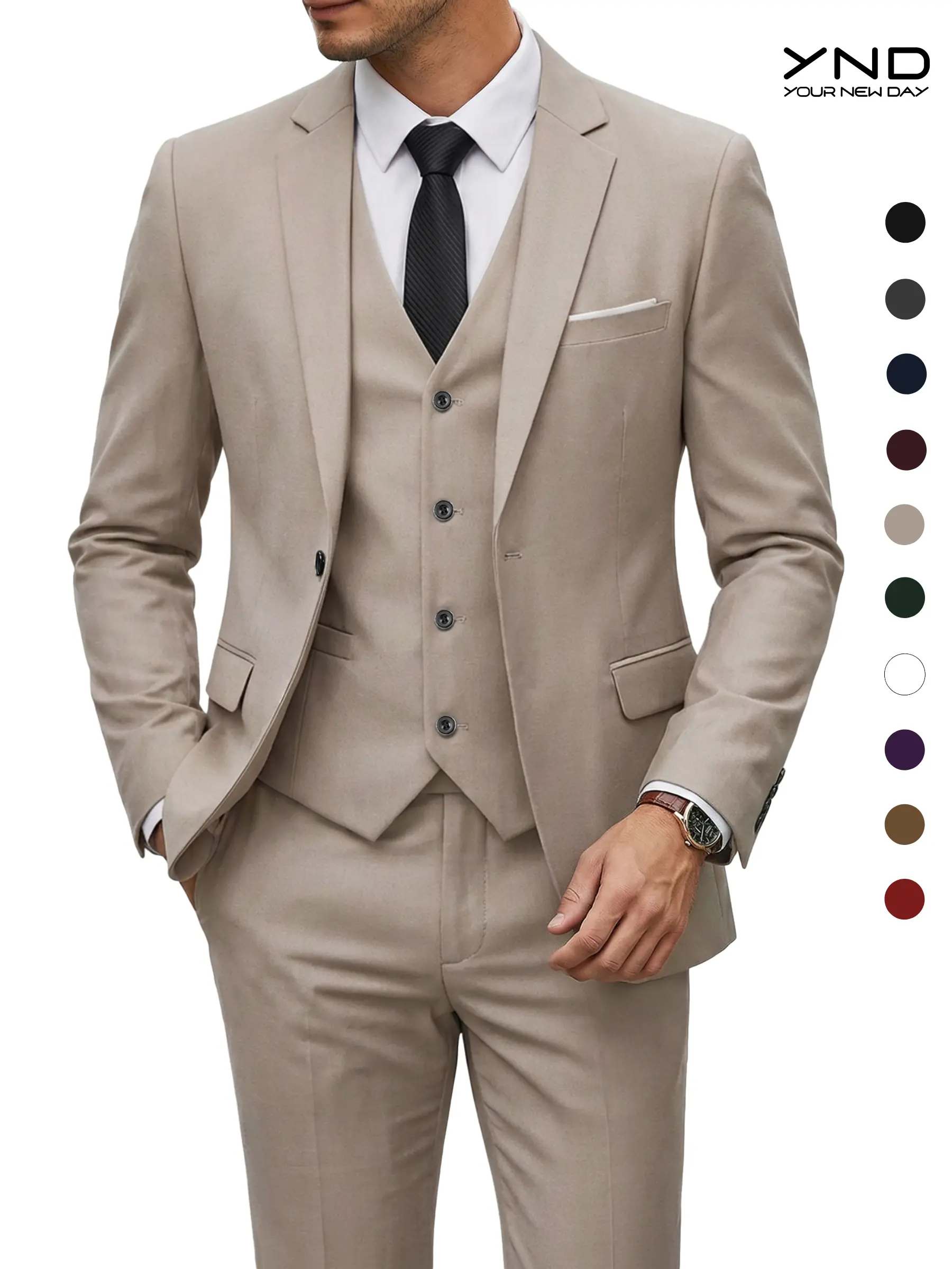 YND Men's Slim Fit 3 Pieces Suit, One Button Solid Jacket Pants Set with Tie for Wedding Party Business Prom Fathersdaygift Suit Sets