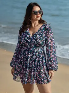 【Tummy control】BLOOMCHIC Plus Size Floral Print Long Sleeve Layered Swim Dress [M-6X] 2026 Summer Vibes Swimweek summerwins
