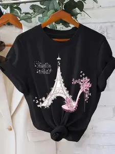 Eiffel Tower Colorful Floral T-Shirt - Pure cotton regular short sleeve, 2025 new style, suitable for all seasons, floral elements add vitality, full of European style!