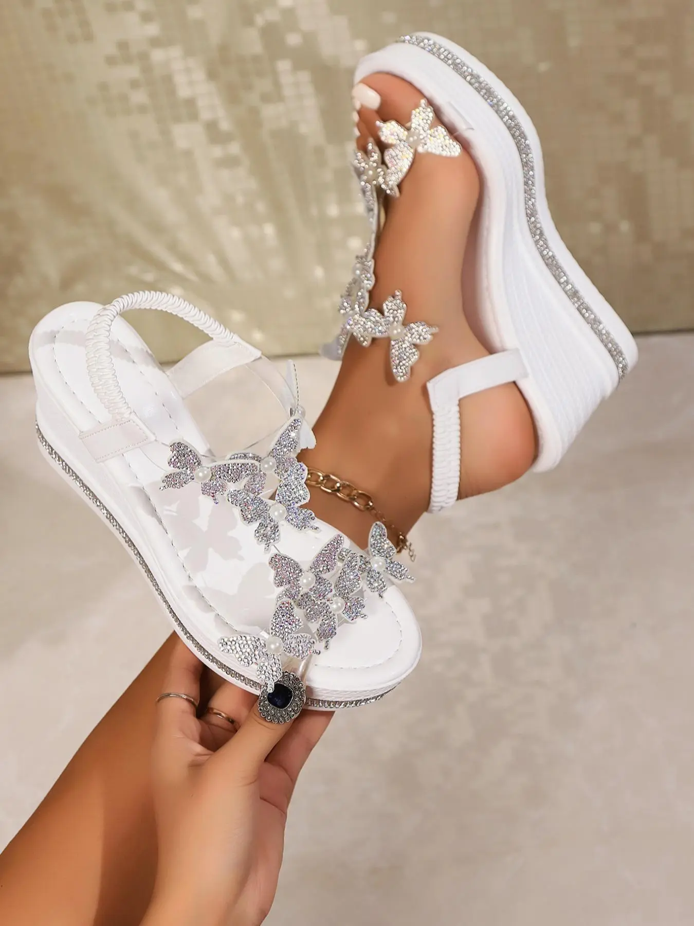Women's Fashionable Rhinestone Butterfly Wedge Sandals, Elegant Slip-On Sandals for Parties and Everyday Wear Footwear Classy Sandal