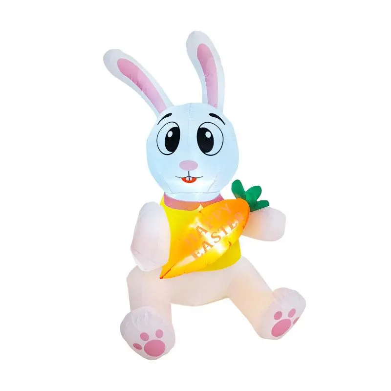 4.76ft Durable Waterproof Polyester LED Lighted Easter Inflatable White Rabbit Holding a Carrot, Built-in Fan, Stakes, Ropes, Adds Striking Decoration for Outdoor Party, Yard, Lawn, 4.76Ft A Rabbit Holding A Carrot, Garden