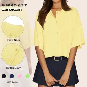 Imily Bela Womens Half Sleeve Cardigan Sweaters Cropped Button Down Tops Oversized Lightweight Ribbed Knit Summer Outfits