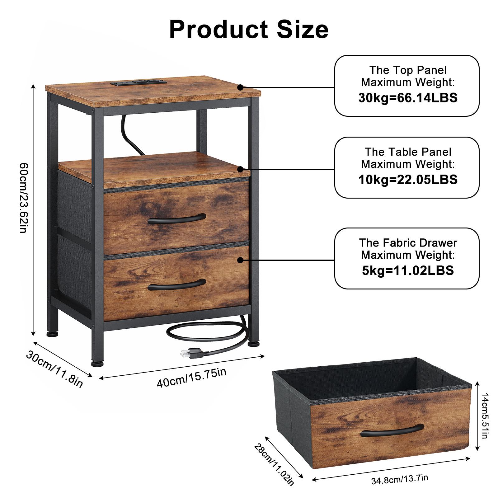 Fast Charging Bedside Table with 2 Fabric Drawers - Multi-Function Adjustable Storage Nightstand, 66 lb Load Capacity, Portable Side Table for Bedroom & Small Spaces