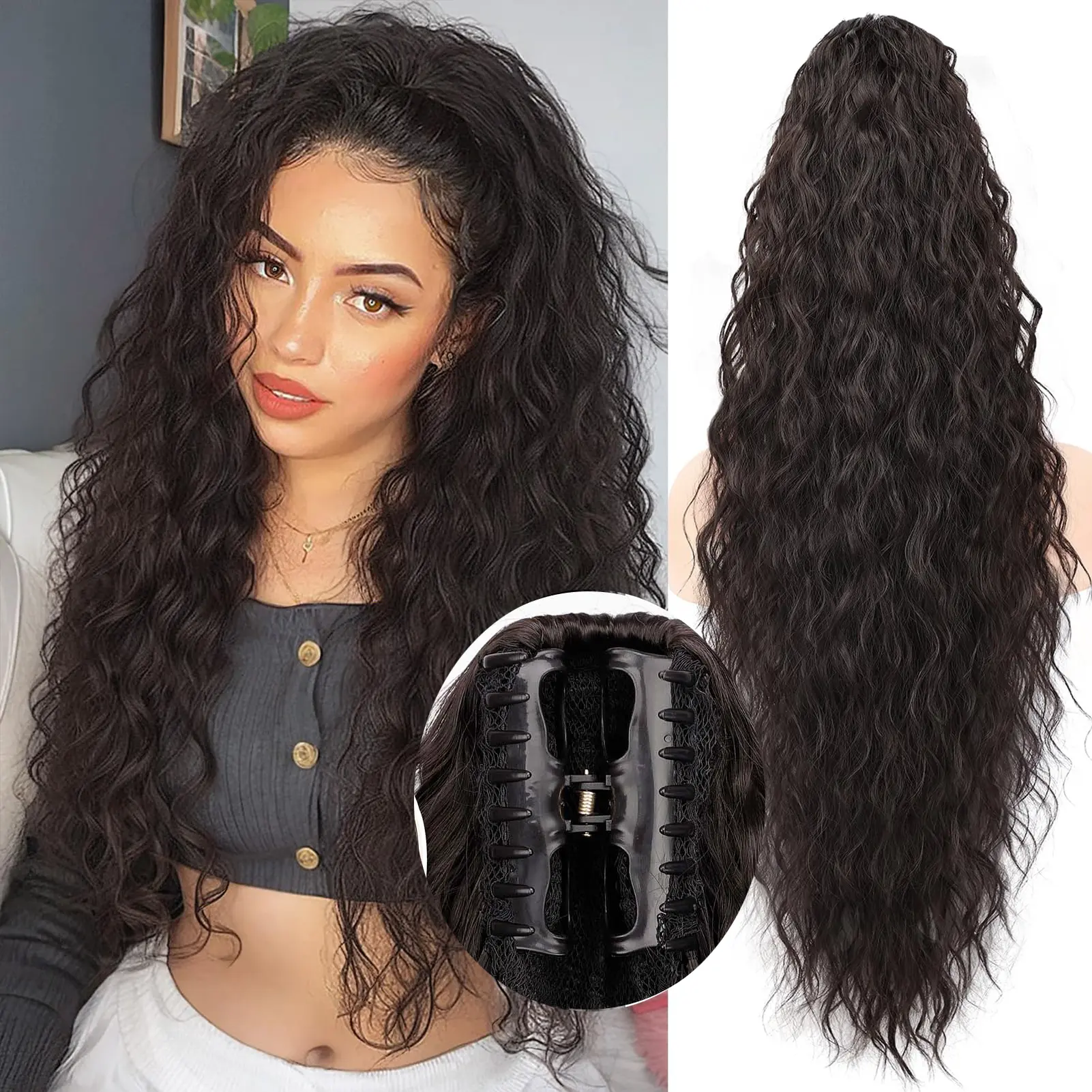 Claw Clip Ponytail Extension 30" Curly Pony Tail Clip in Claw Hair Extensions Fluffy Natural Looking Synthetic Hairpiece for Women