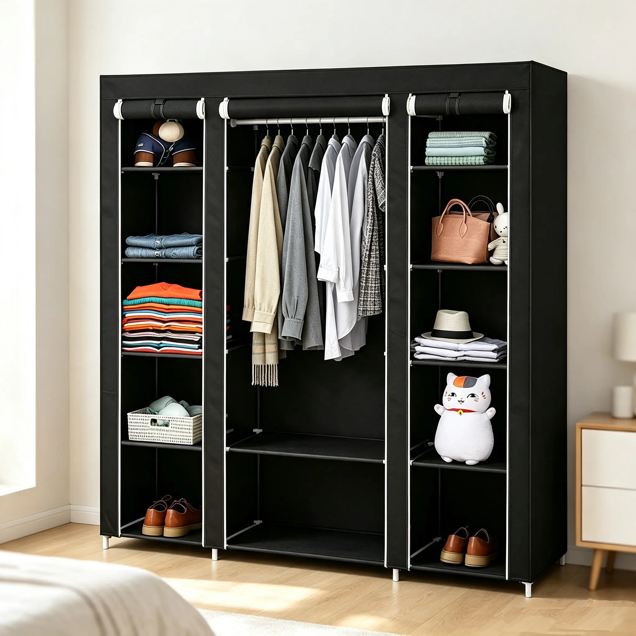 69" Portable Non-Woven Fabric Clothes Closet Wardrobe Storage Organizer - Modern Apartment Furniture, Quick Setup Single Unit, Easy Assembly, Extra Strong & Durable (Black), Sturdy Frame