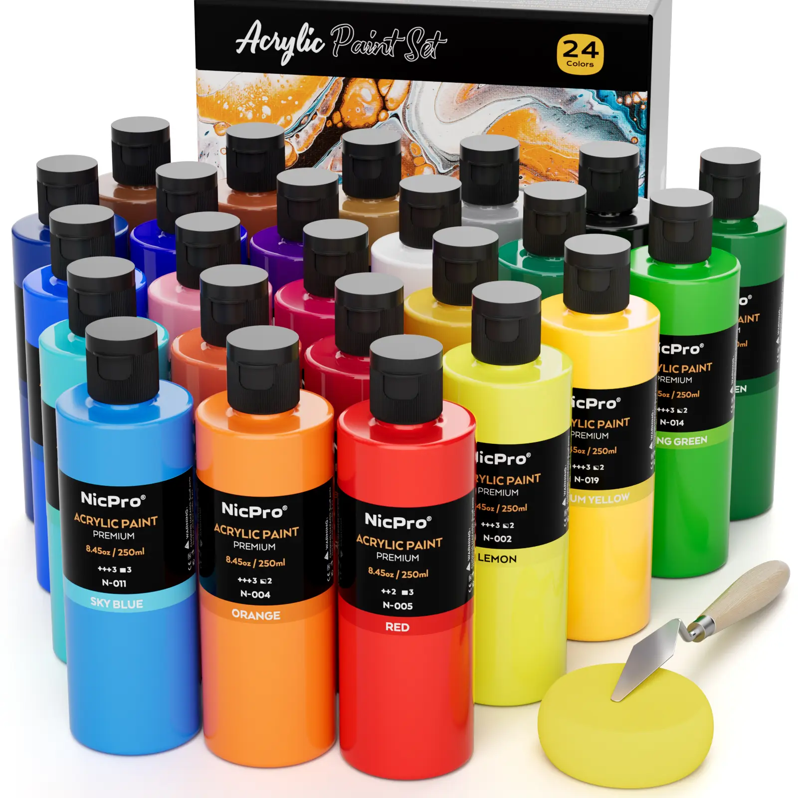 Nicpro Large Bulk Acrylic Paint Set (8.45 oz,250 ml) Non Toxic Artist Painting Supplies for Multi Surface Canvas, Wood, Fabric Leather, Rock, Glass, Paper, Crafts, Hobby with Color Wheel, Paint Kit, Hand Painting Set