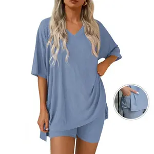 V Neck 2 Piece Sets for Women Summer Casual Oversized Split Hem Shirts & Side Pocket Biker Shorts Minimalist Lounge Wear Soft Viscose Fabric Comfy Homewear Cozy Pjs 2026 spring Summer Loose Short Set
