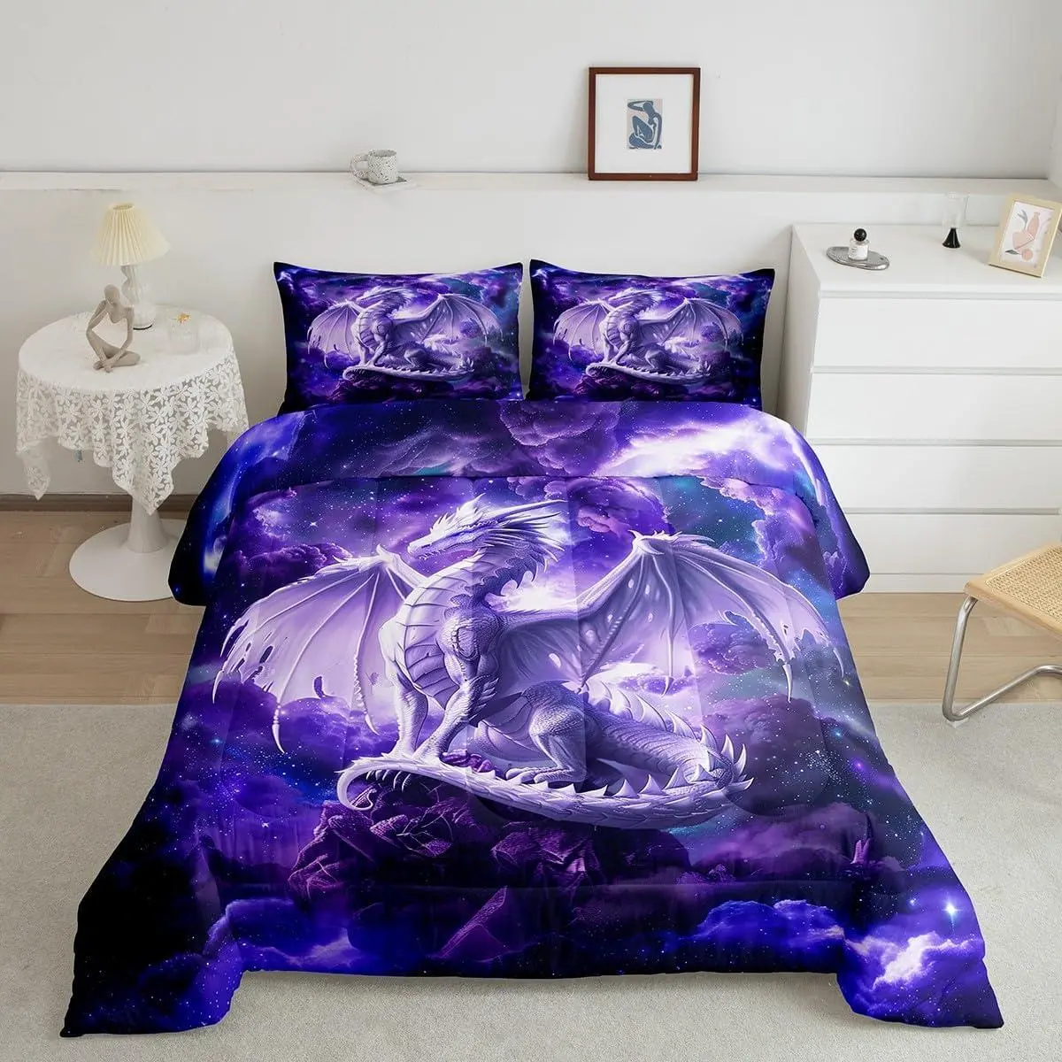 Feelyou 3D Dragon Purple Bedding Set - Galaxy Starry Sky Comforter, Glitter Nebula Outer Space Duvet Insert, Western Magical Animal Quilt, Bedroom Decor, Multi-Size, Lightweight Warmth, Travel-Friendly, Set Includes Core Bedding Pieces