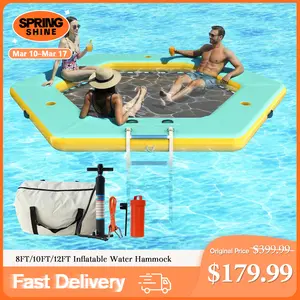 AMERLIFE 8FT/10FT/12FT Hexagon/Circle/Triangle Inflatable Water Hammock for Adults, Floating Raft Dock Platform with Mesh, Heavy Duty Water Float Dock for Lake, Beach, Summer Party