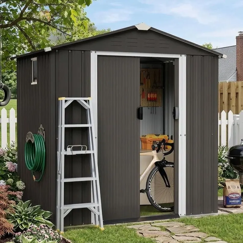 Walsunny Steal Garden Shed, Outdoor Storage Tool with Window Durable Shed with Gabled Roof & Slant Roof for Outdoor Use, Thick Steel Plates & Lockable Door